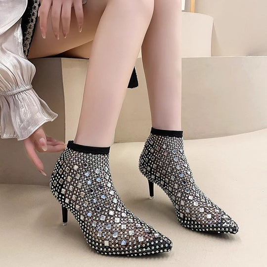 Damen elegante Netz-Stiefeletten mit funkelnden Strassverzierungen R&B