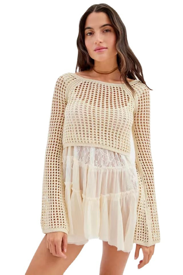 Damen gehäkeltes Crop-Top mit weiten Ärmeln und bunten Streifen R&B