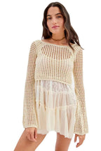 Damen gehäkeltes Crop-Top mit weiten Ärmeln und bunten Streifen R&B