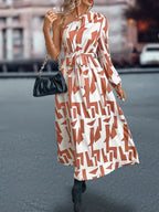 Damen Maxikleid mit asymmetrischem One-Shoulder-Design und Bindegürtel R&B