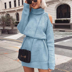 Damen Langarm-Strickkleid mit hohem Kragen und offenem Schulterdesign R&B