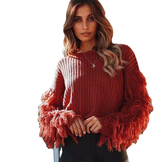 Damen Strickpullover mit fransigen Ärmeln R&B