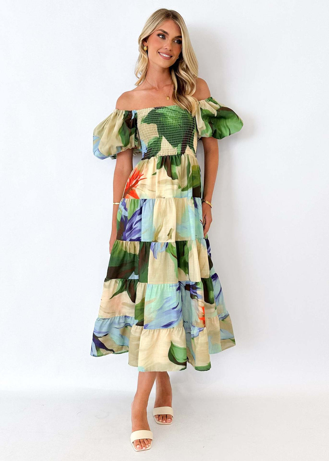 Damen Maxikleid mit Puffärmeln und floralem Smocking R&B