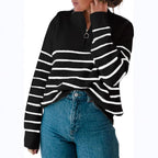 Damen lässiger Pullover mit kurzem Reißverschluss und Streifenmuster R&B