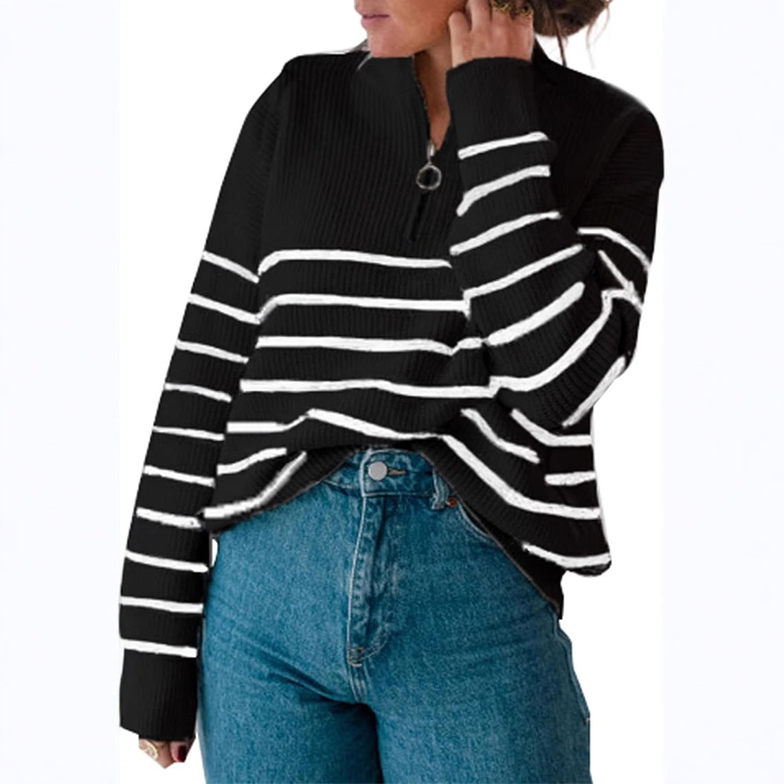 Damen lässiger Pullover mit kurzem Reißverschluss und Streifenmuster R&B