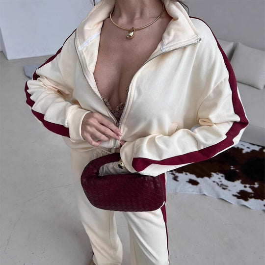 Damen sportliches Fleece-Set mit Stehkragen und seitlichen Kontraststreifen R&B