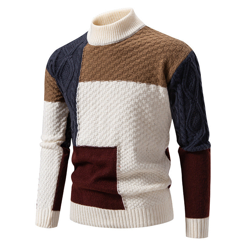 Herren modischer Rollkragenpullover mit modernem Zopfmuster und Farbblockdesign R&B