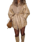 Damen kuschelige Jacke mit breitem Kragen und Bindegürtel R&B