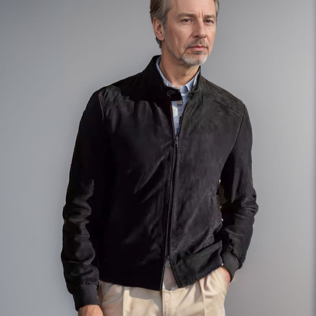 Herren lässige Wildlederjacke mit Stehkragen und seitlichen Reißverschlusstaschen R&B
