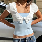 Damen Kurzarm Blusentop mit Knotendetail R&B