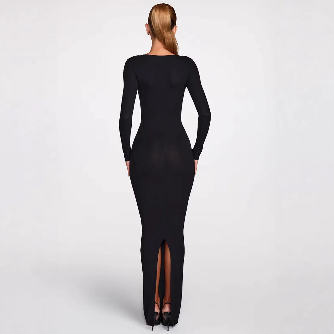 Damen figurbetontes Maxikleid mit tiefem V-Ausschnitt und eleganten Spitzenakzenten R&B