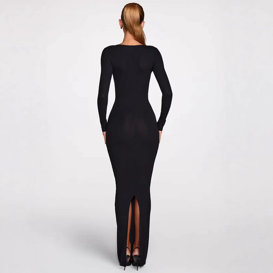 Damen figurbetontes Maxikleid mit tiefem V-Ausschnitt und eleganten Spitzenakzenten R&B