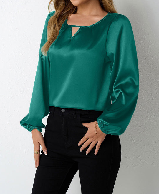 Damen elegante Satinbluse mit verspieltem Schlüsselausschnitt R&B