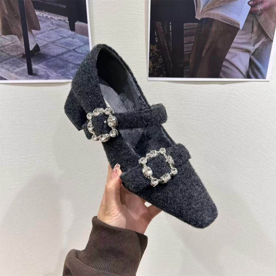 Damen elegante Filz-Mary Jane Schuhe mit schimmernden Schnallen R&B