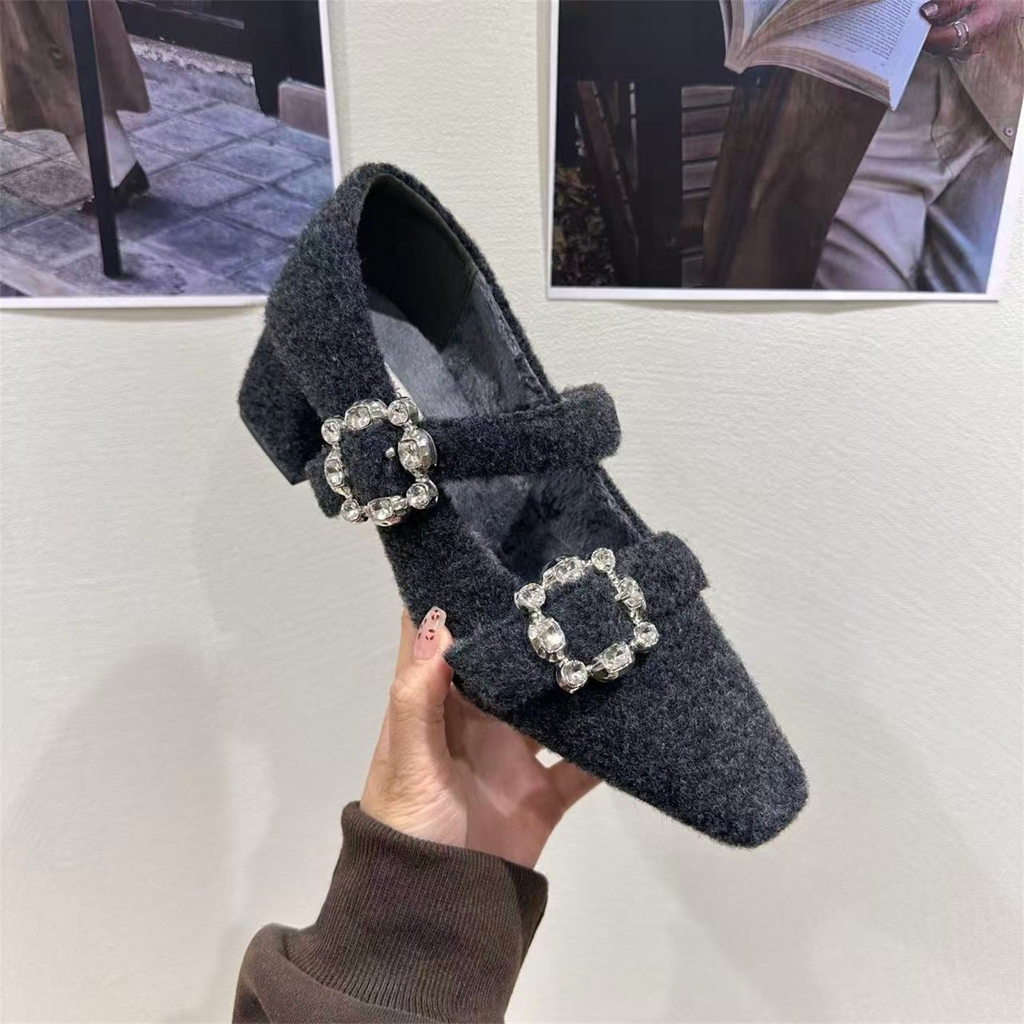 Damen elegante Filz-Mary Jane Schuhe mit schimmernden Schnallen R&B