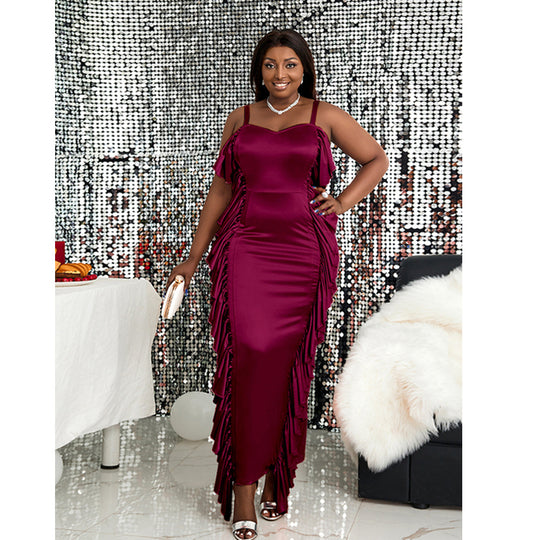 Damen Maxikleid mit fließendem Schnitt und seitlichen Volants R&B