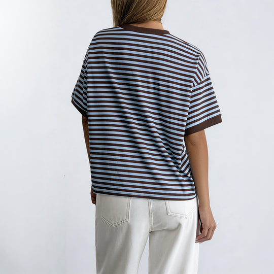 Damen Oversized Streifen-T-Shirt mit Kurzarm und Rundhalsausschnitt R&B