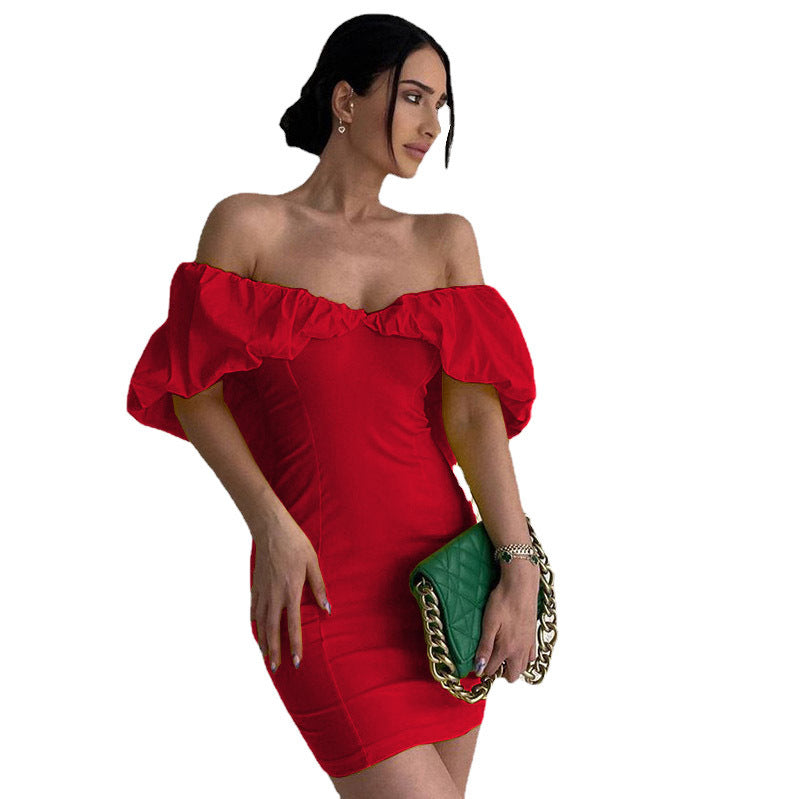 Damen Kurzarm Minikleid mit schulterfreiem Design und Rüschensaum R&B