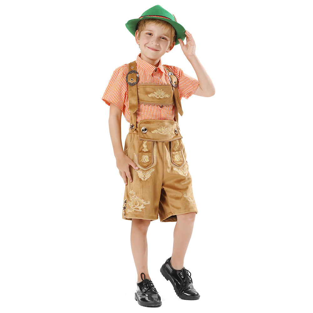 Unisex nan traditionelles Kinder Trachten-Set Lederhose mit Stickerei und kariertem Hemd R&B