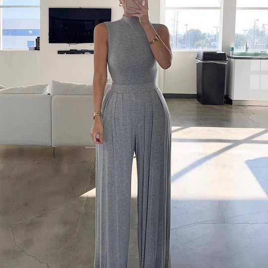 Damen Eleganter Jumpsuit mit hochgeschlossenem Design und weiten Beinen R&B