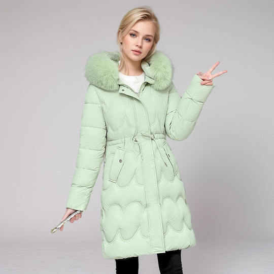 Damen modischer Puffer-Mantel mit abnehmbarem Kunstfellkragen und taillierbarem Gummizug R&B