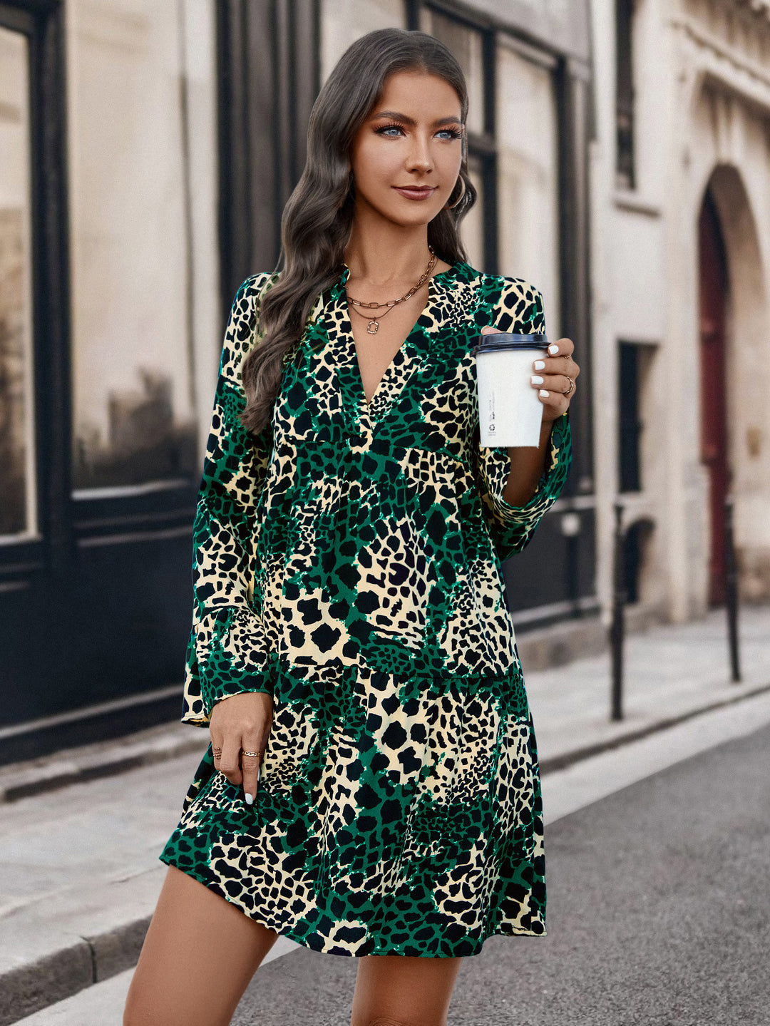 Damen Kurzarm-Kleid mit einzigartigem Tiermuster R&B