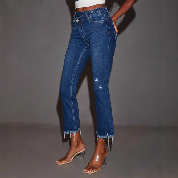 Damen Bootcut Jeans mit fransigem Saum und trendiger Waschung R&B