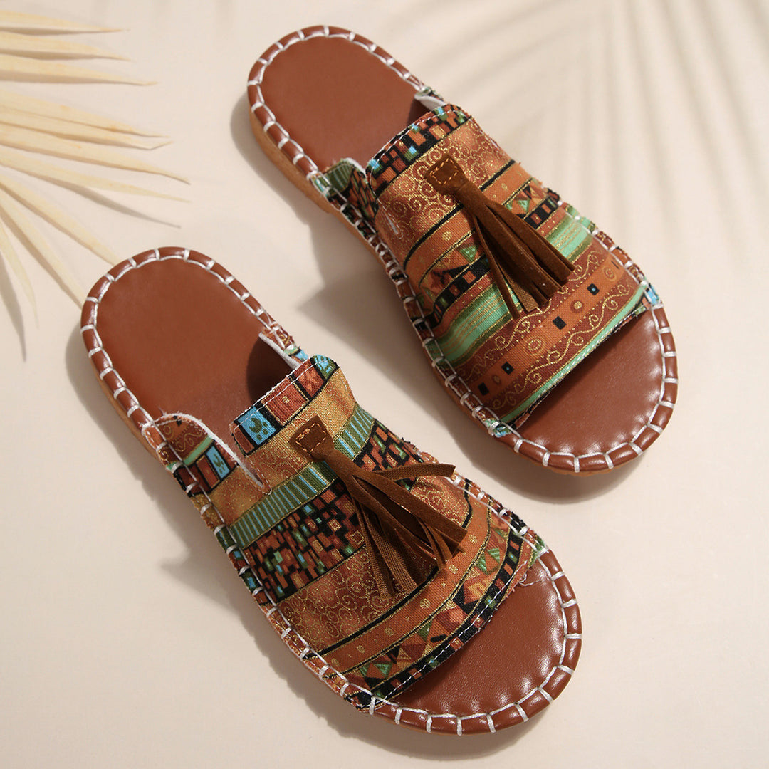 Damen Lifestyle Pantoletten mit verspieltem Tassel-Design und buntem Webmuster R&B