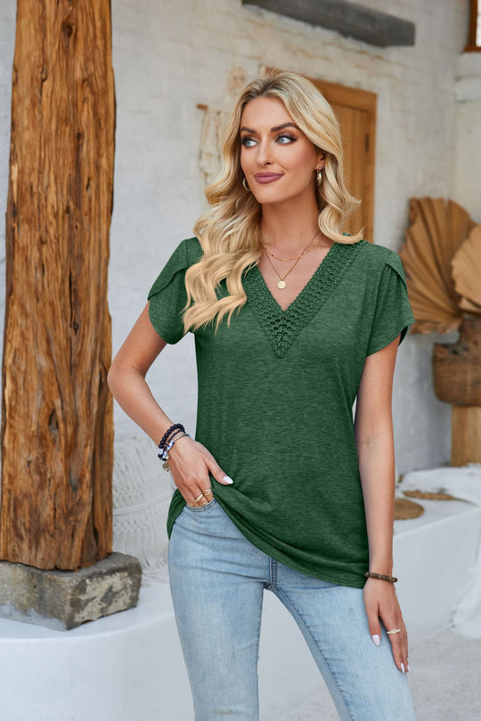 Damen V-Ausschnitt T-Shirt mit Spitzenakzenten R&B