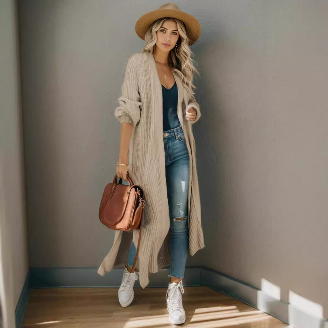 Damen lange Strickjacke in lässiger Rippstruktur mit offenen Ärmeln und Taschen R&B
