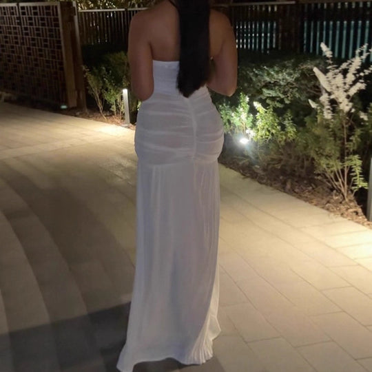 Damen Elegantes Strapless Maxikleid mit Rüschendetails und hohem Schlitz R&B