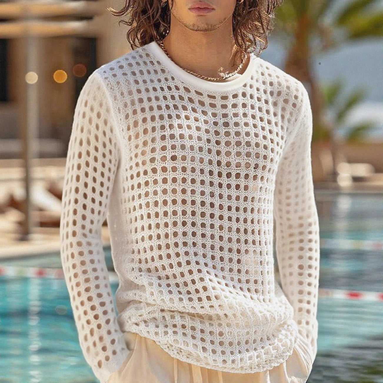 Herren nan luftiger durchbrochener Strickpullover mit quadratischem Netzmuster und Rundhalsausschnitt R&B