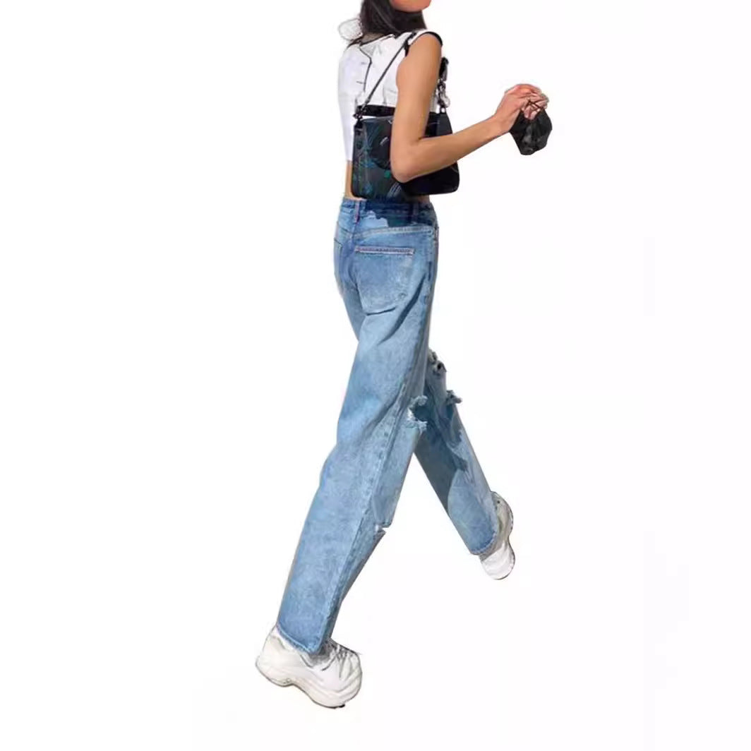 Damen Modische Baggy Jeans mit Destroyed-Details R&B