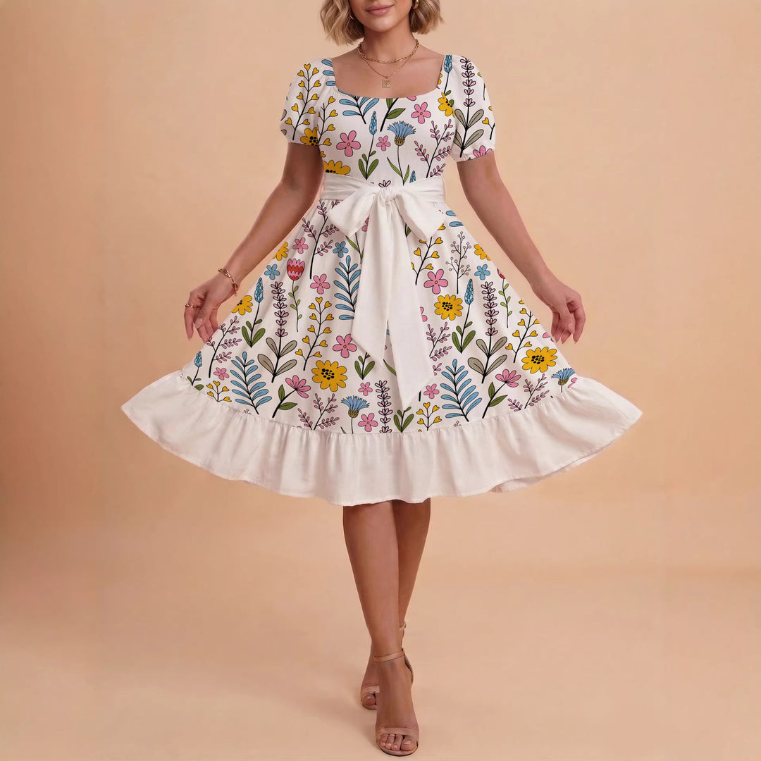 Damen Sommerkleid mit floralem Puffärmel und taillierbarem Gürtel R&B