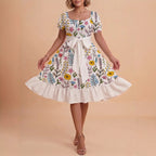 Damen Sommerkleid mit floralem Puffärmel und taillierbarem Gürtel EB