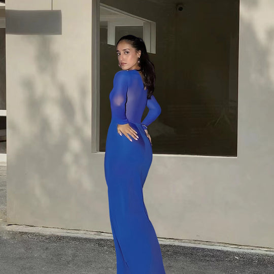 Damen Elegantes Maxikleid mit transparenten Ärmeln und raffinierter Drapierung R&B