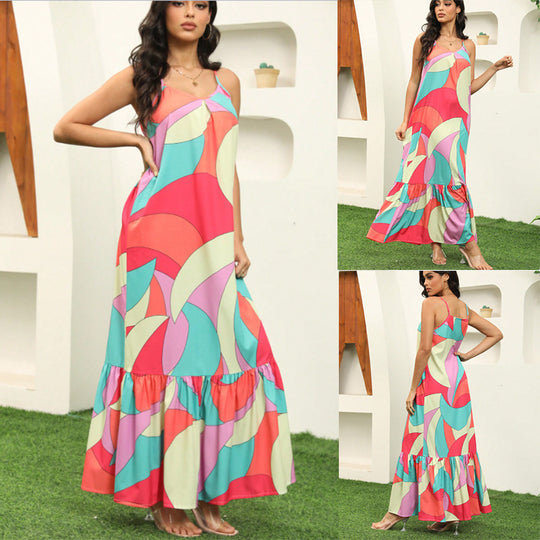 Damen Maxikleid mit farbenfrohem Mustermix und voluminösem Rock R&B