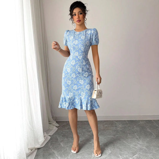Damen Blumenspitze Midi-Kleid mit Rüschensaum R&B