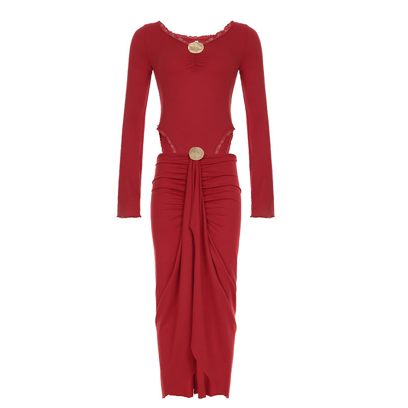 Damen eleganter Wickelrock mit Raffungen und dekorativem Knopf R&B