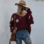 Damen lässiger Strickpullover mit asymmetrischem Schnitt und Sternenmuster