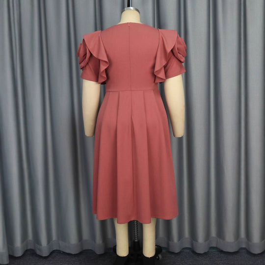 Damen Elegantes Midi-Kleid mit voluminösen Rüschenärmeln und funkelndem Schmuckdetail R&B