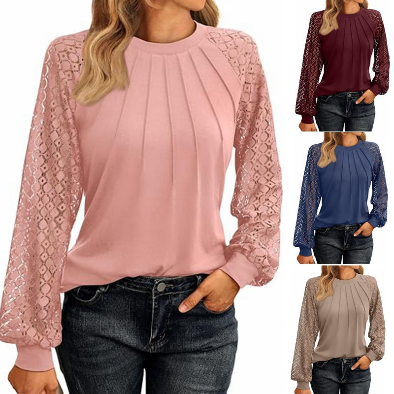 Damen Elegantes Oberteil mit dekorativen Spitzenärmeln und gerafftem Detail R&B
