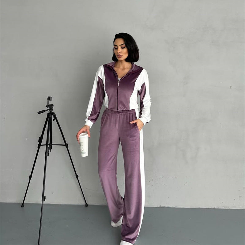 Damen sportlicher Velours Jogginganzug mit Reißverschluss und seitlichen Streifen R&B