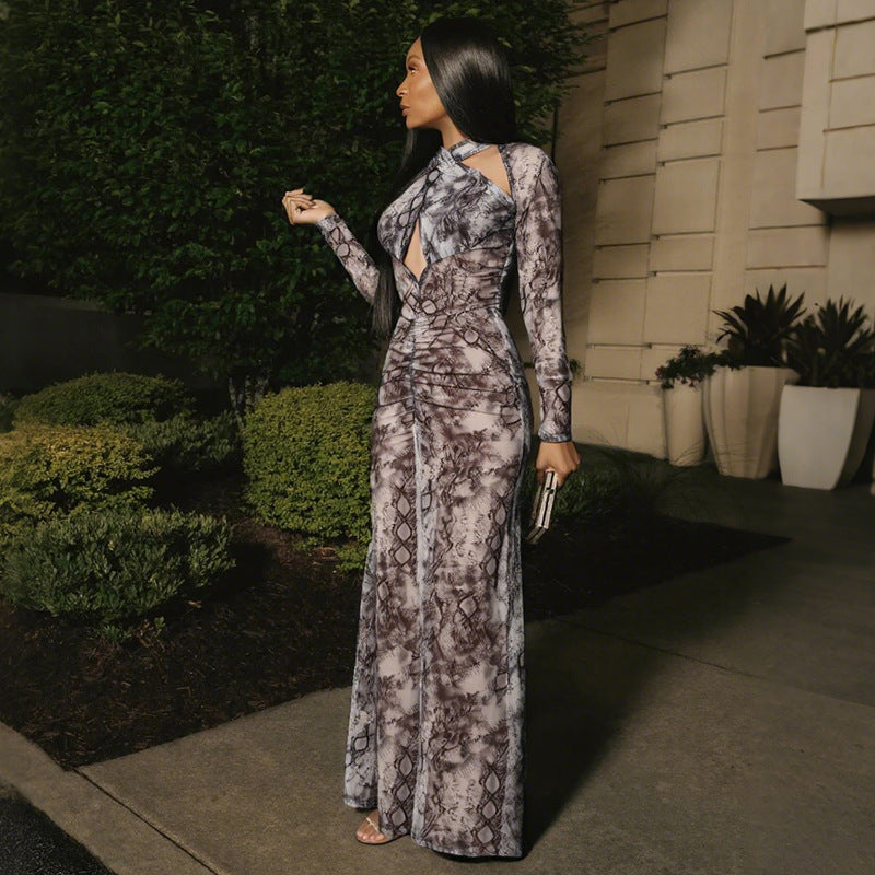 Damen Schlangehaut Maxikleid mit raffiniertem Schnitt und Deep-V-Ausschnitt R&B