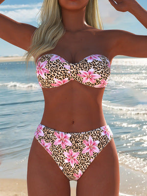 Damen Bandeau-Bikini mit floralem und animalischem Design R&B