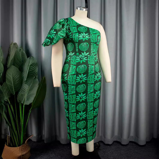 Damen asymmetrisches Maxi-Kleid mit einzigartigem Muster und voluminösem Puffärmel R&B