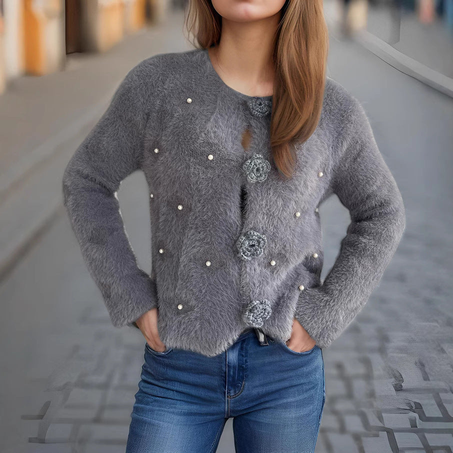 Damen Strickjacke mit floralen Applikationen und perlverzierter Detail R&B