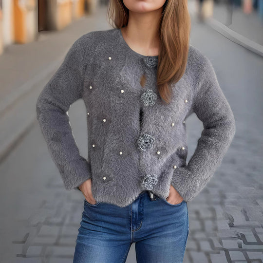 Damen Strickjacke mit floralen Applikationen und perlverzierter Detail R&B