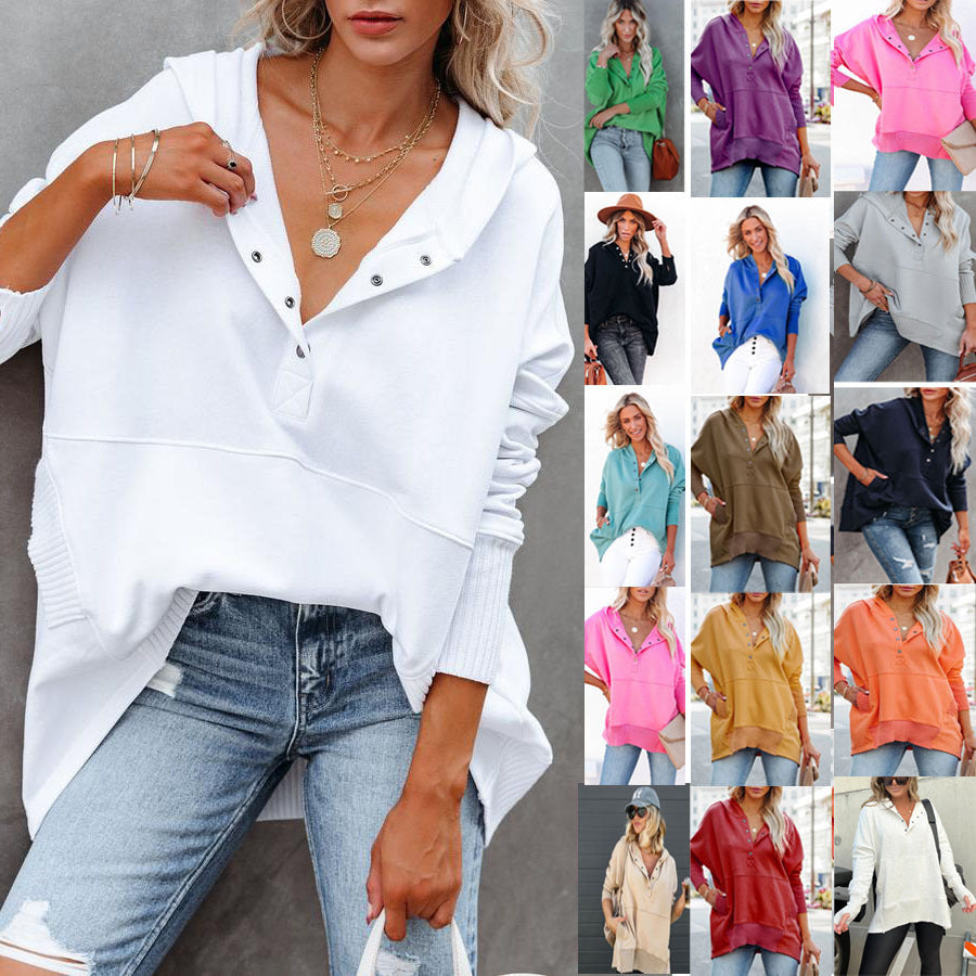 Damen lässiger Kapuzenpullover mit Knopfleiste und Kängurutasche R&B