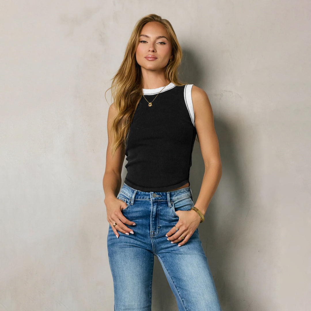 Damen Ripp-Top mit Kontrastdetails und figurbetontem Schnitt R&B